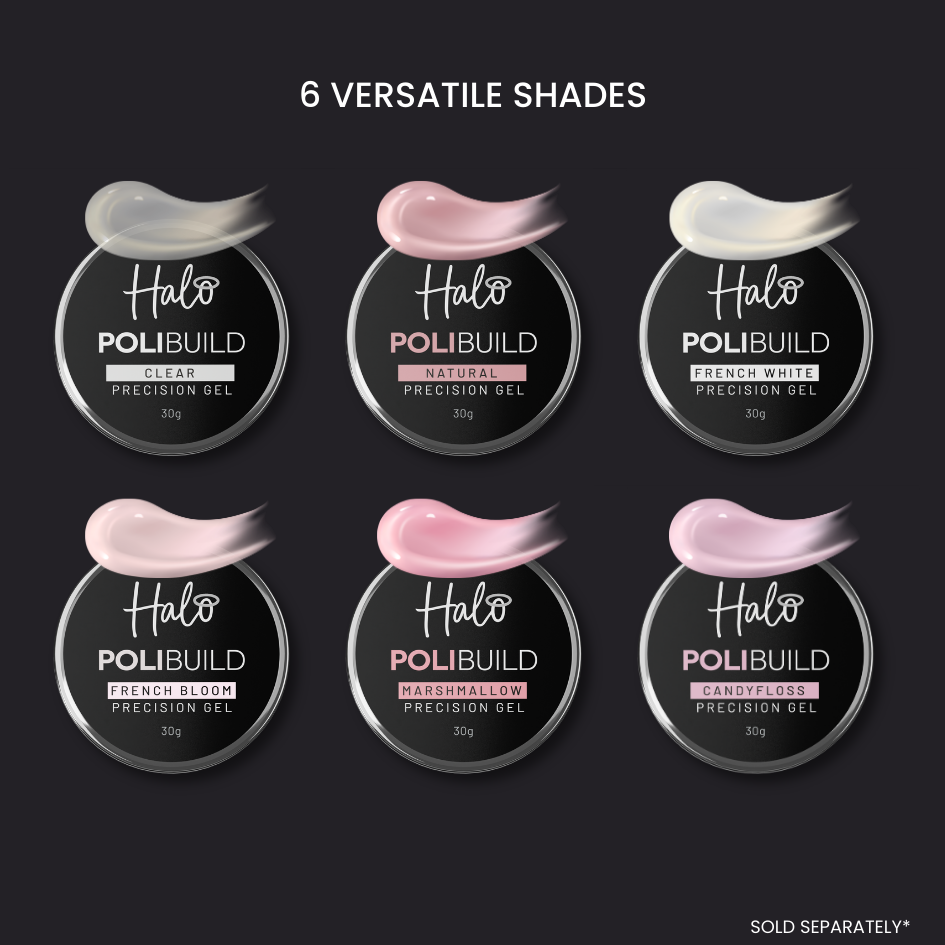 Halo Polibuild gel packaging with six different shades on a dark background