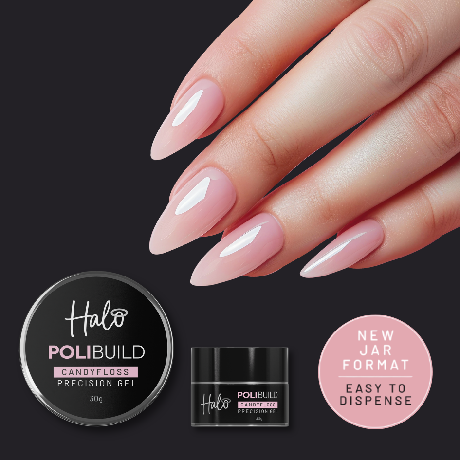 Hand with polished nails and Halo Polibuild candyfloss precision gel packaging on a dark background