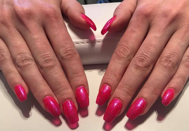 Pink glittery nail set using the Halo gel nail polish in shade 'Mardi Gras' 