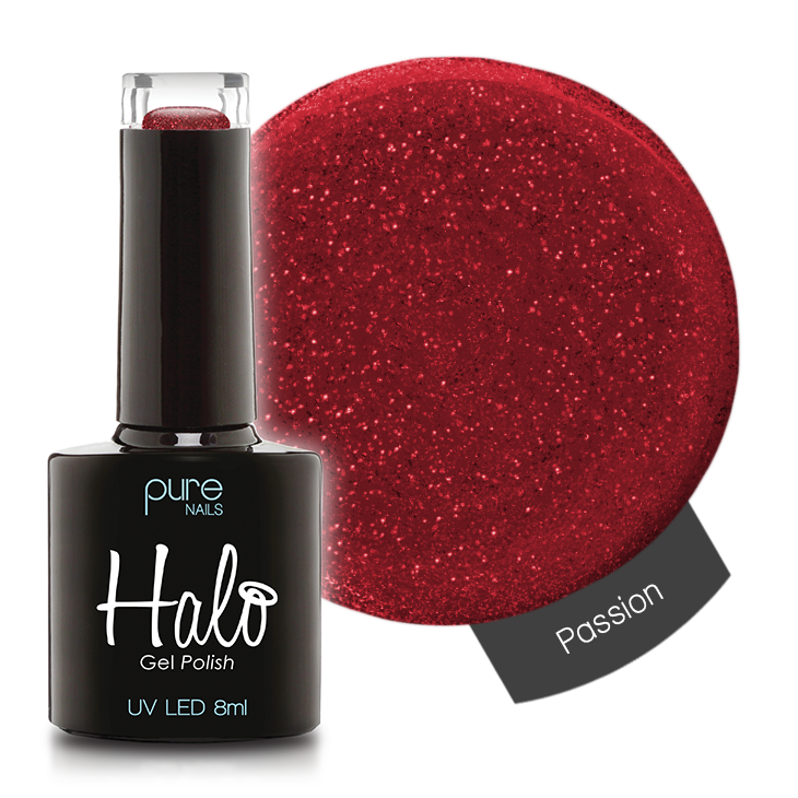 A bottle of Halo Gel Polish by Pure Nails in the shade Passion