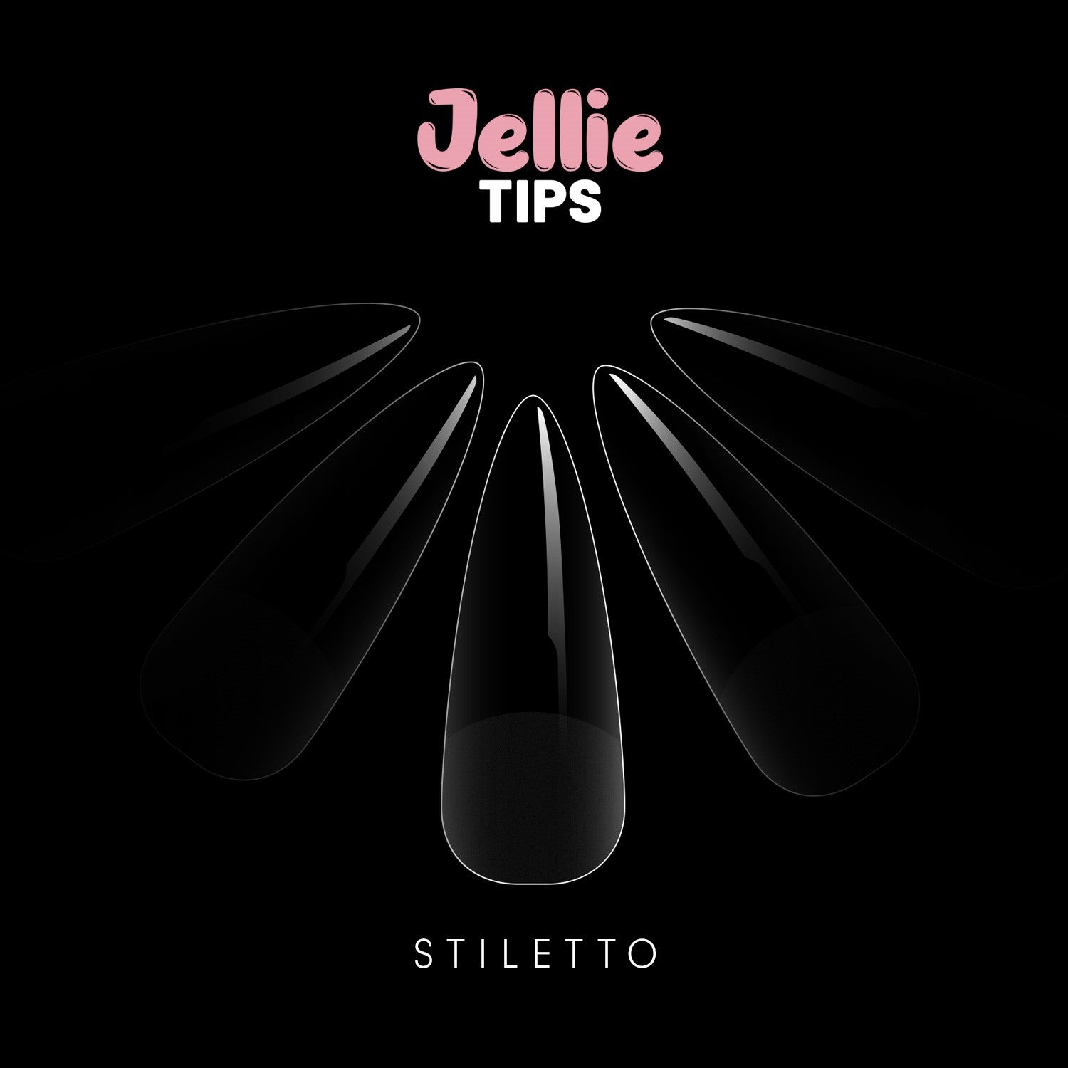 Jellie Tips stiletto nail form on a black background with brand name 'Jellie' at the top.