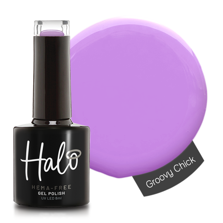 Product image and colour swatch of Pure Nails' Halo HEMA-Free gel polish in shade 'Groovy Chick'