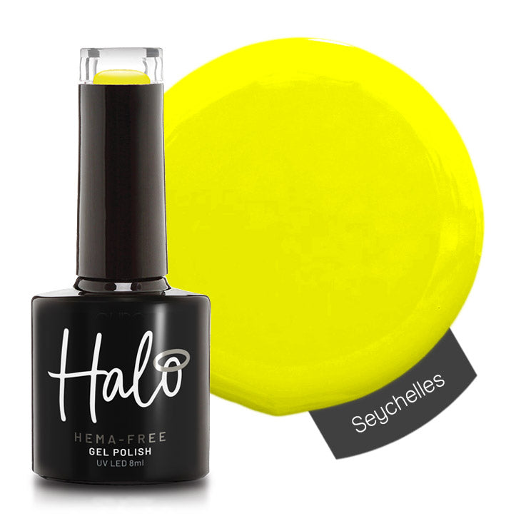Halo gel polish bottle with a yellow color swatch labeled 'Seychelles' on a white background