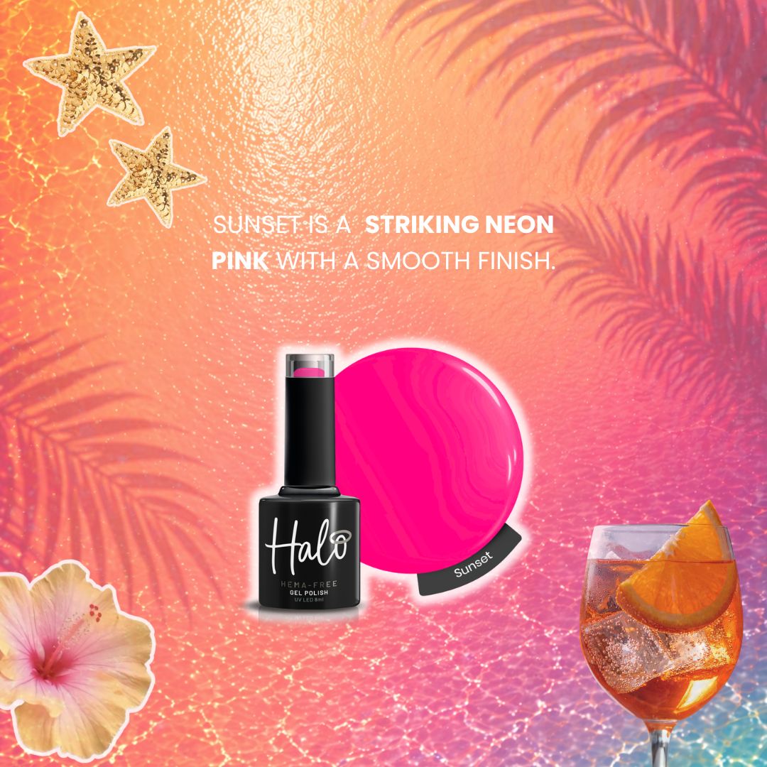 Halo Gel Polish bottle with pink color swatch and sunset-themed background