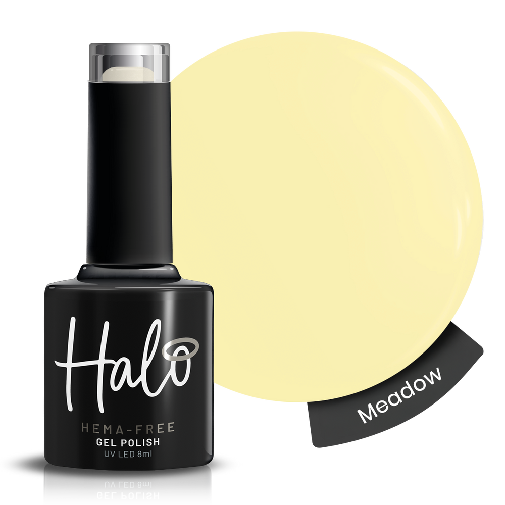 Halo gel polish bottle with a swatch labeled 'Meadow' on a white background