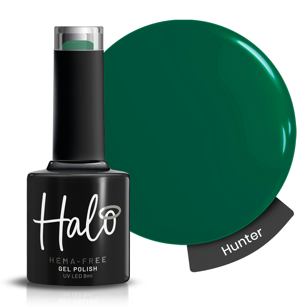 Halo gel polish bottle with a swatch of Hunter green color on a white background