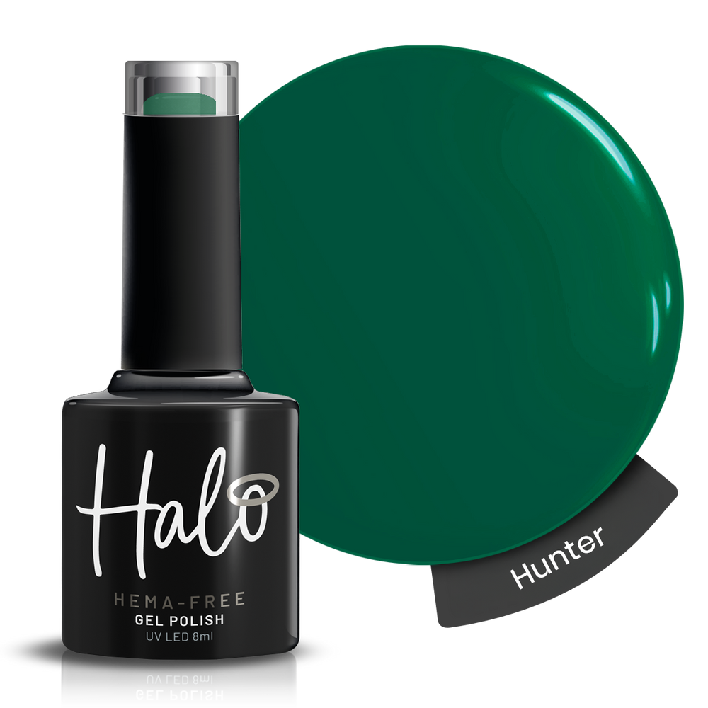 Halo gel polish bottle with a swatch of Hunter green color on a white background