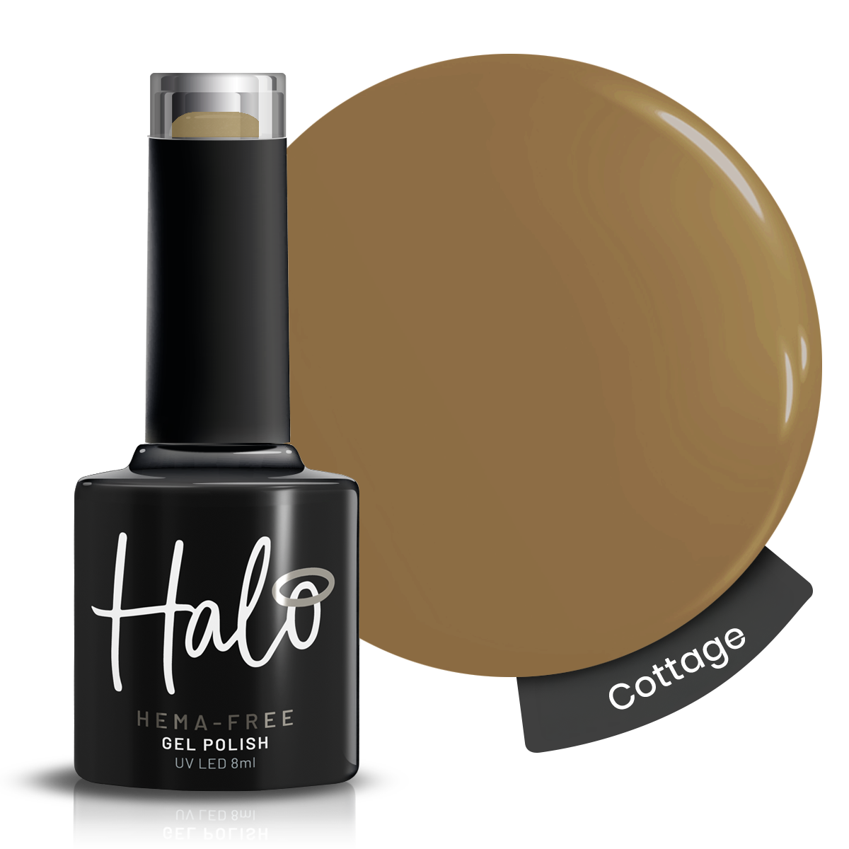 Halo gel polish bottle with a swatch of 'Cottage' color on a white background