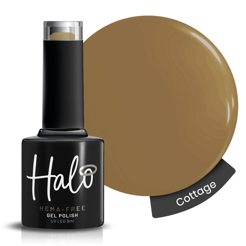Halo gel polish bottle with a swatch of 'Cottage' color on a white background