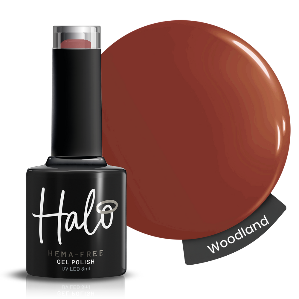 Halo gel polish bottle with 'Woodland' color swatch on a white background