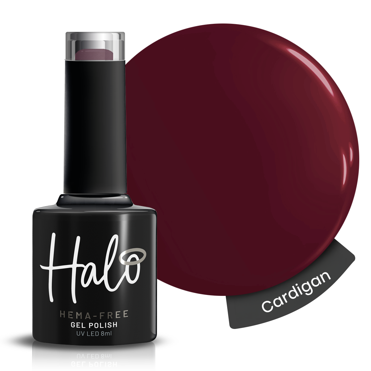 Halo gel polish bottle with color swatch labeled 'Cardigan' on a white background
