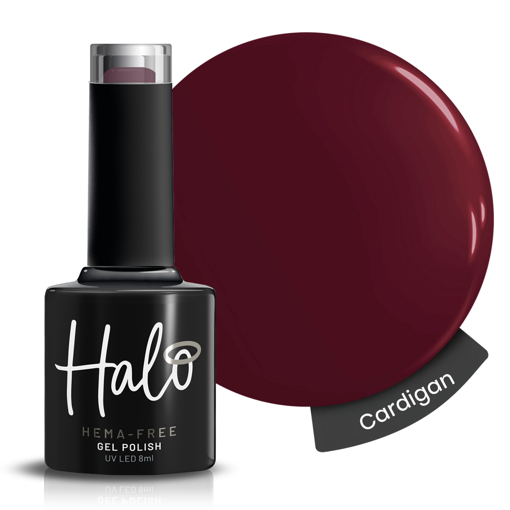 Halo gel polish bottle with color swatch labeled 'Cardigan' on a white background