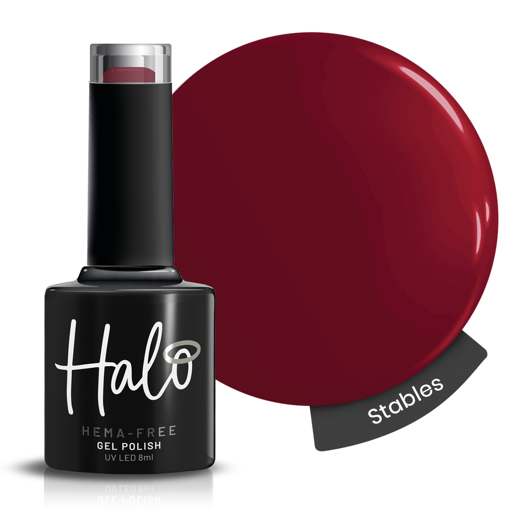 Halo gel polish bottle with a swatch of red color on a white background