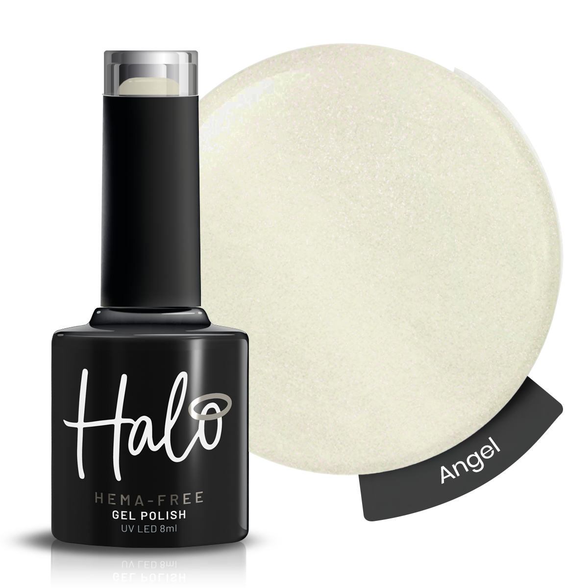Halo gel polish bottle with a swatch labeled 'Angel' on a white background