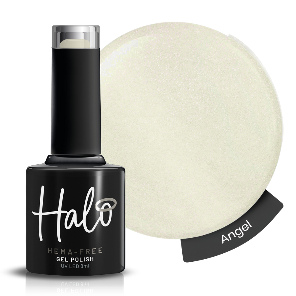 Halo gel polish bottle with a swatch labeled 'Angel' on a white background