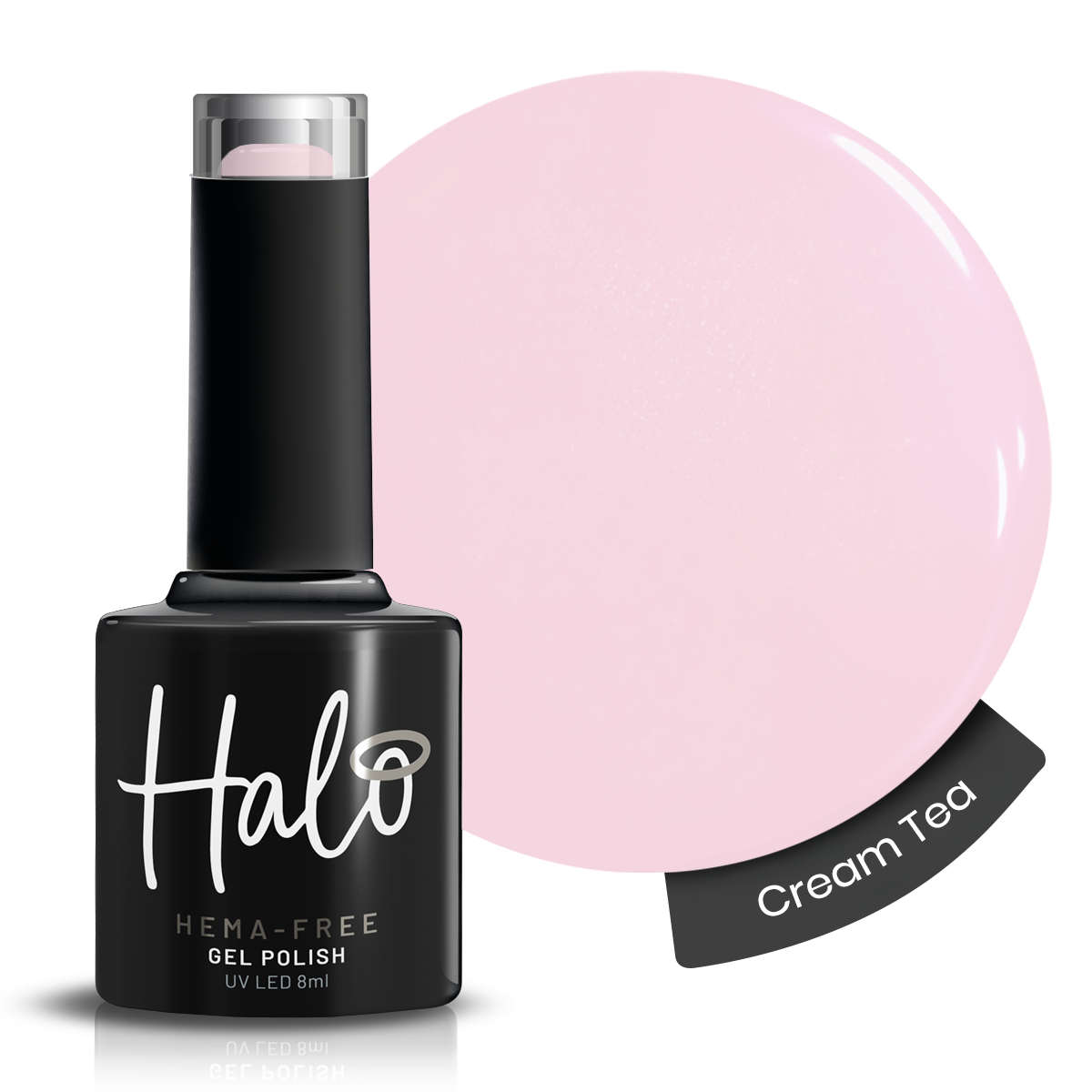 Halo gel polish bottle with a color swatch labeled 'Cream Tea' on a white background