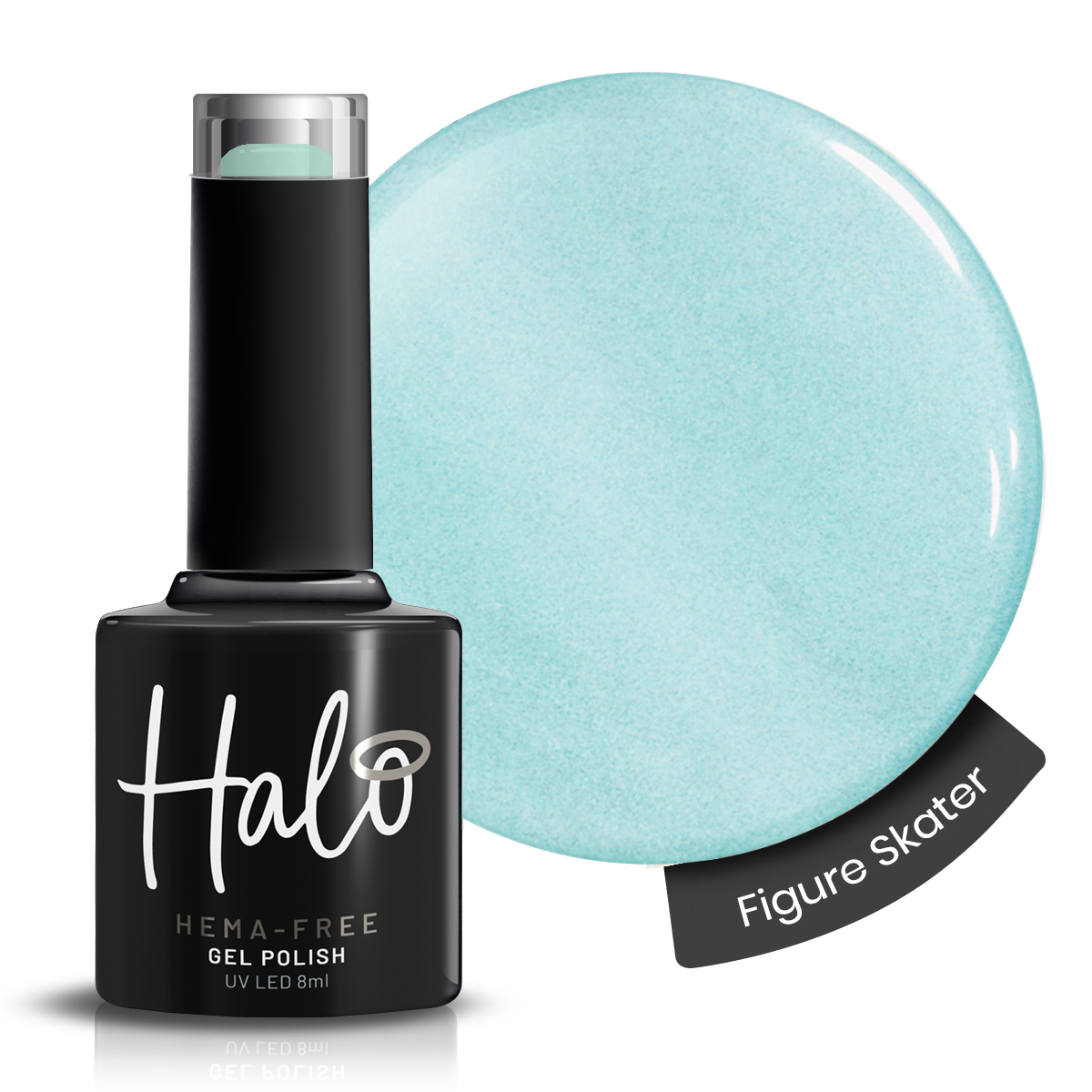 Halo gel polish bottle with a light blue color swatch labeled 'Figure Skater' on a white background