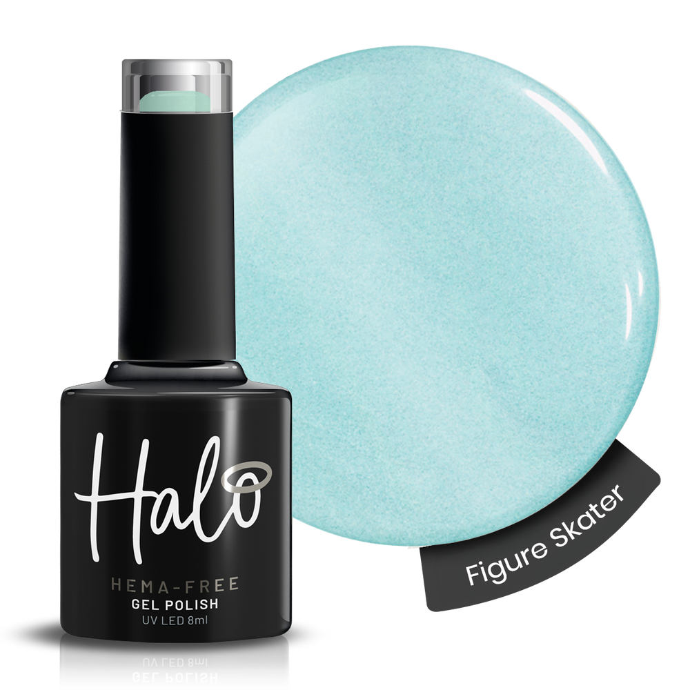 Halo gel polish bottle with a light blue color swatch labeled 'Figure Skater' on a white background