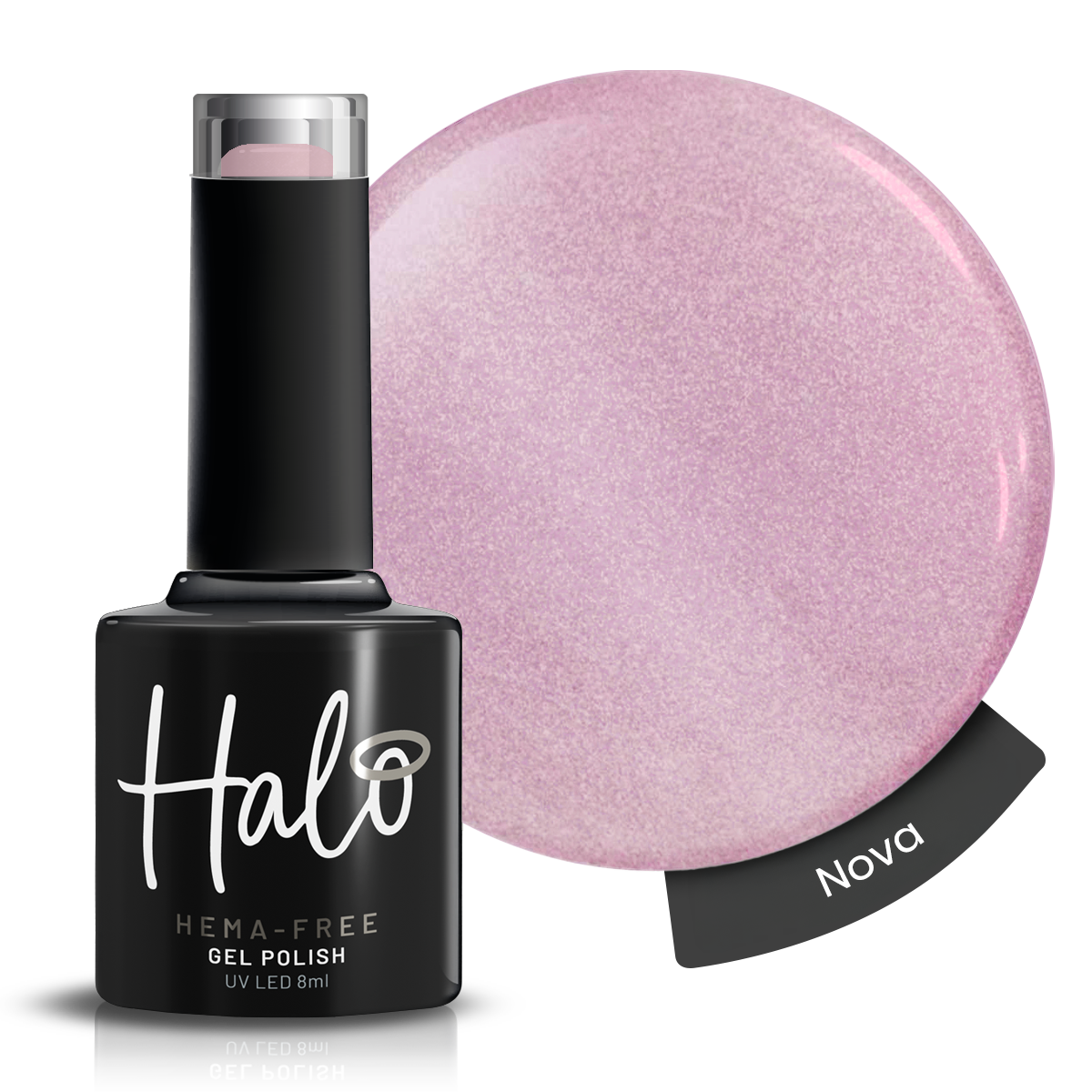 Halo gel polish bottle with a pink color swatch on a white background