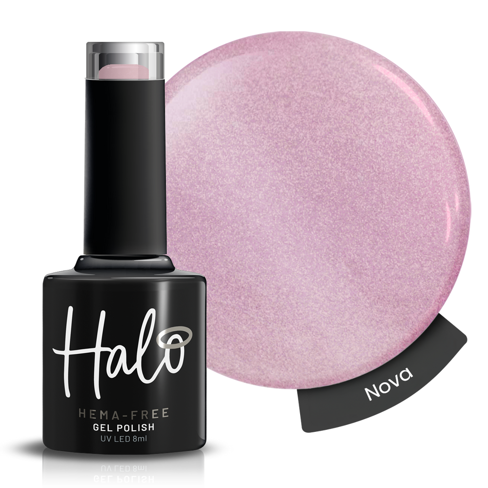 Halo gel polish bottle with a pink color swatch on a white background