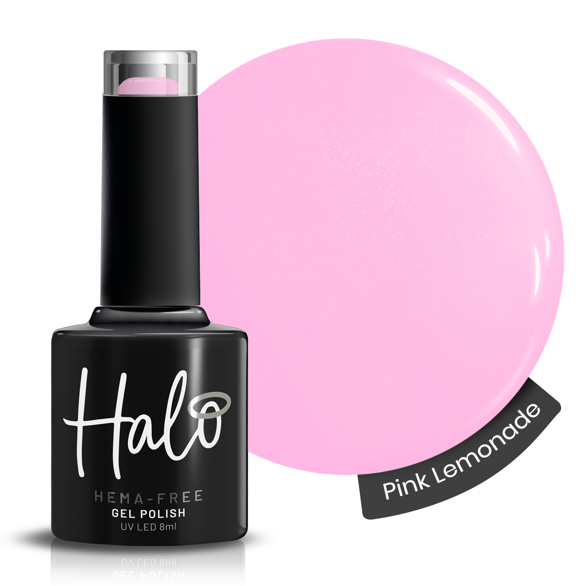 Halo gel polish bottle with 'Pink Lemonade' color swatch on a white background