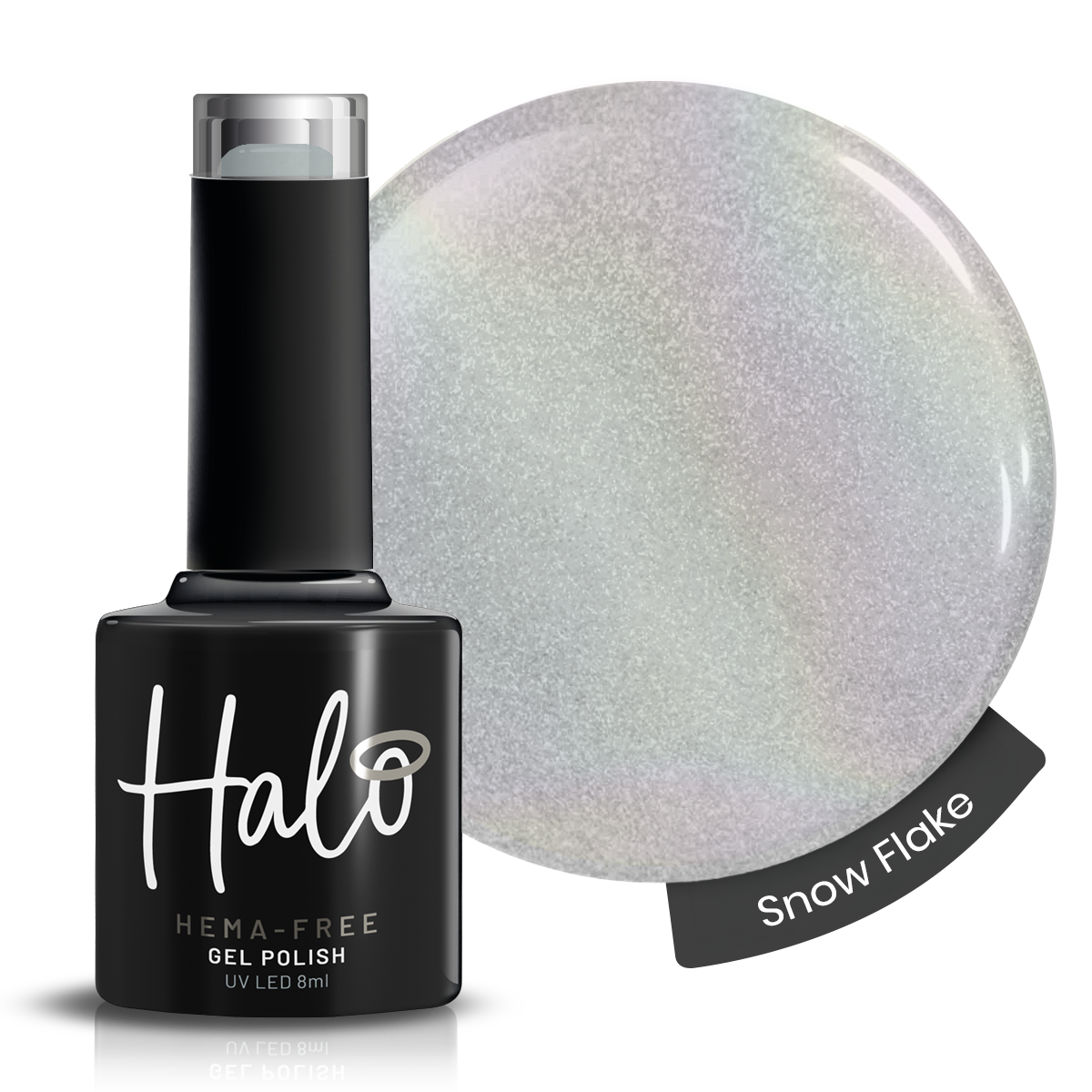 Halo gel polish bottle with 'Snow Flake' color swatch on a white background