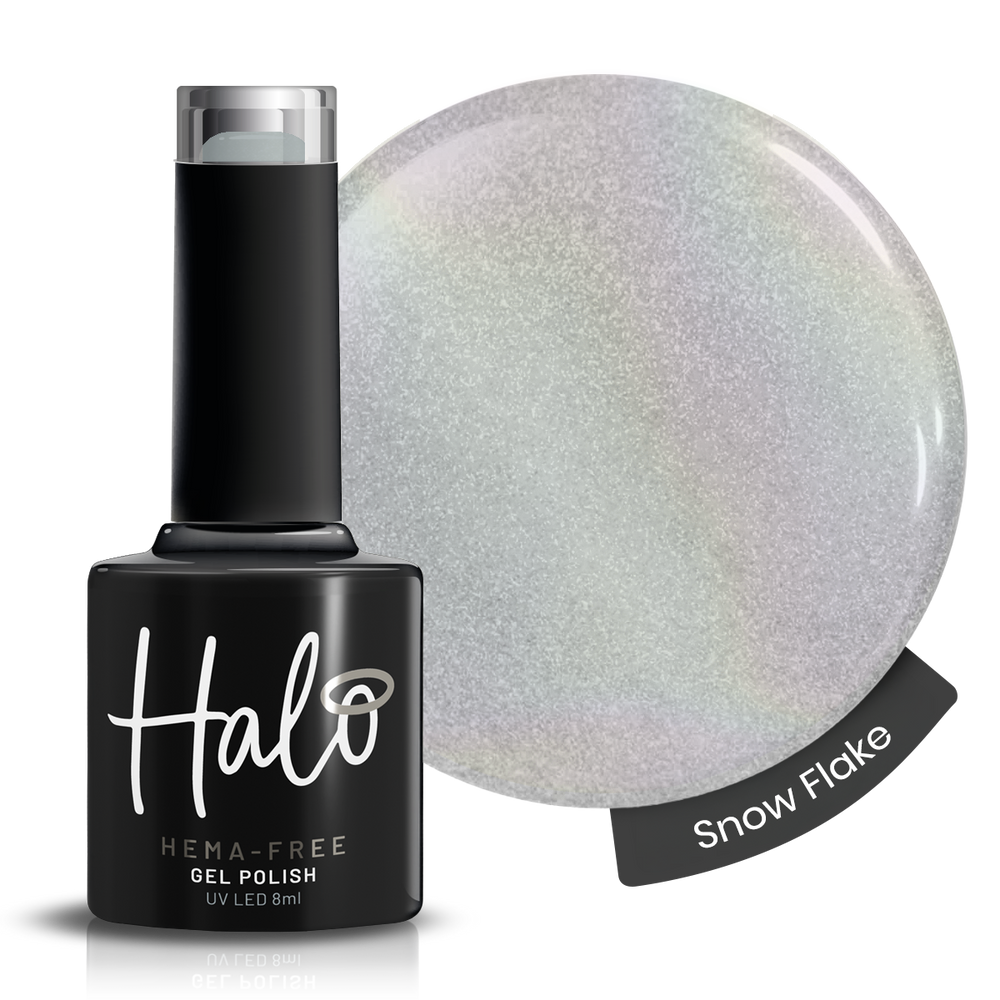 Halo gel polish bottle with 'Snow Flake' color swatch on a white background