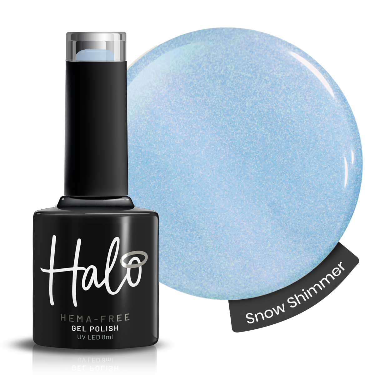 Halo gel polish bottle with snow shimmer color swatch on a white background