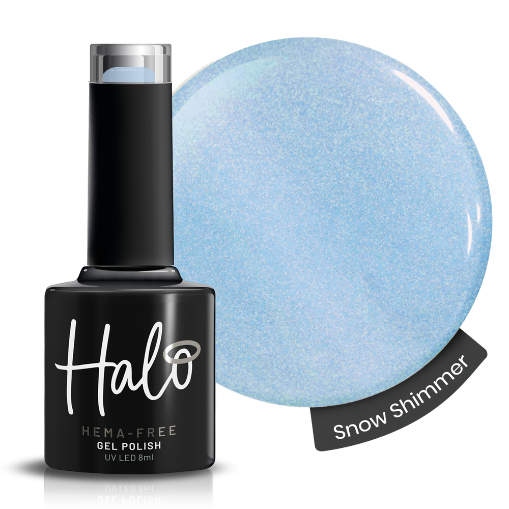 Halo gel polish bottle with snow shimmer color swatch on a white background