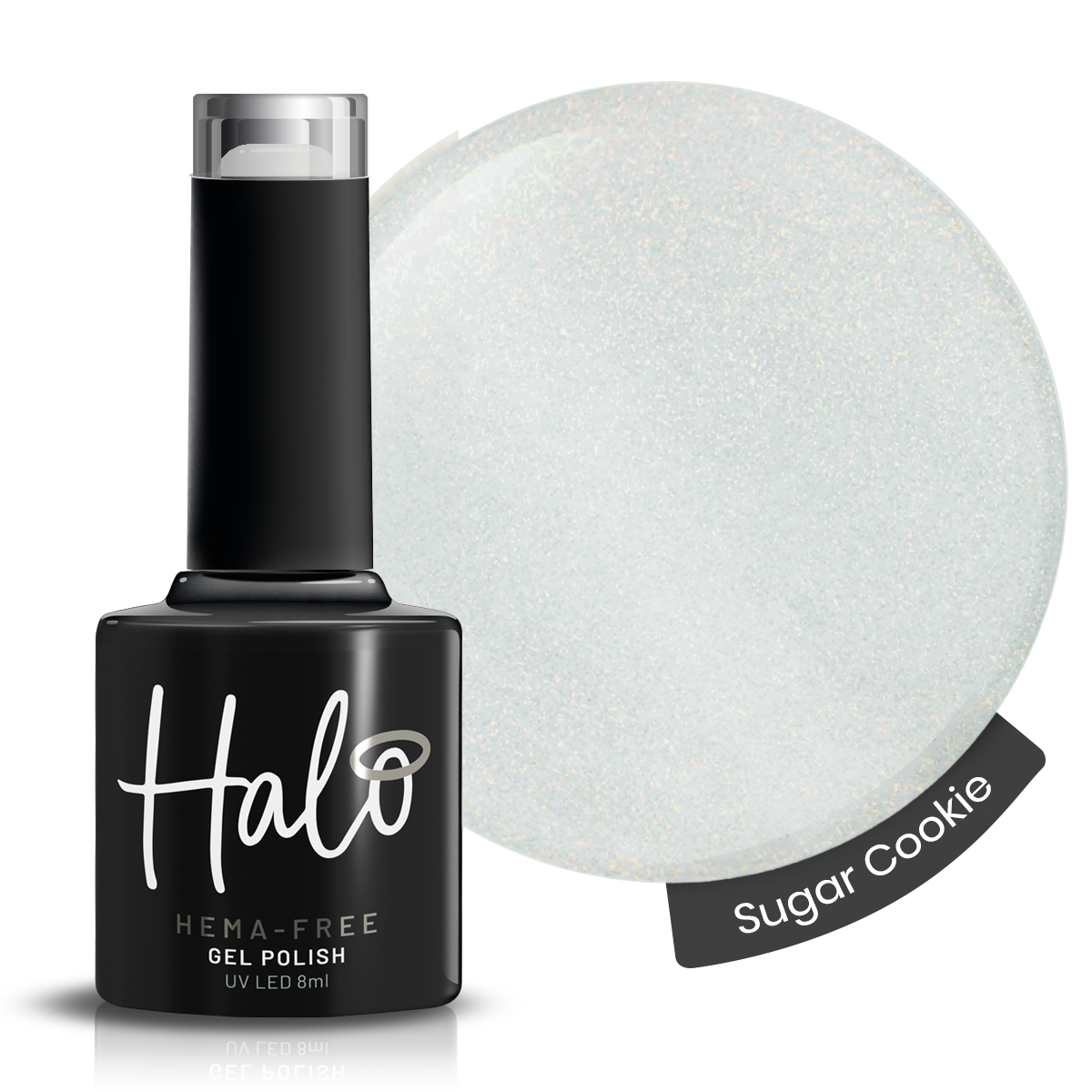 Halo gel polish bottle with a 'Sugar Cookie' color swatch on a white background