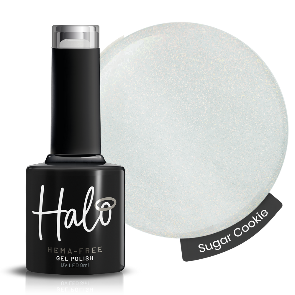 Halo gel polish bottle with a 'Sugar Cookie' color swatch on a white background