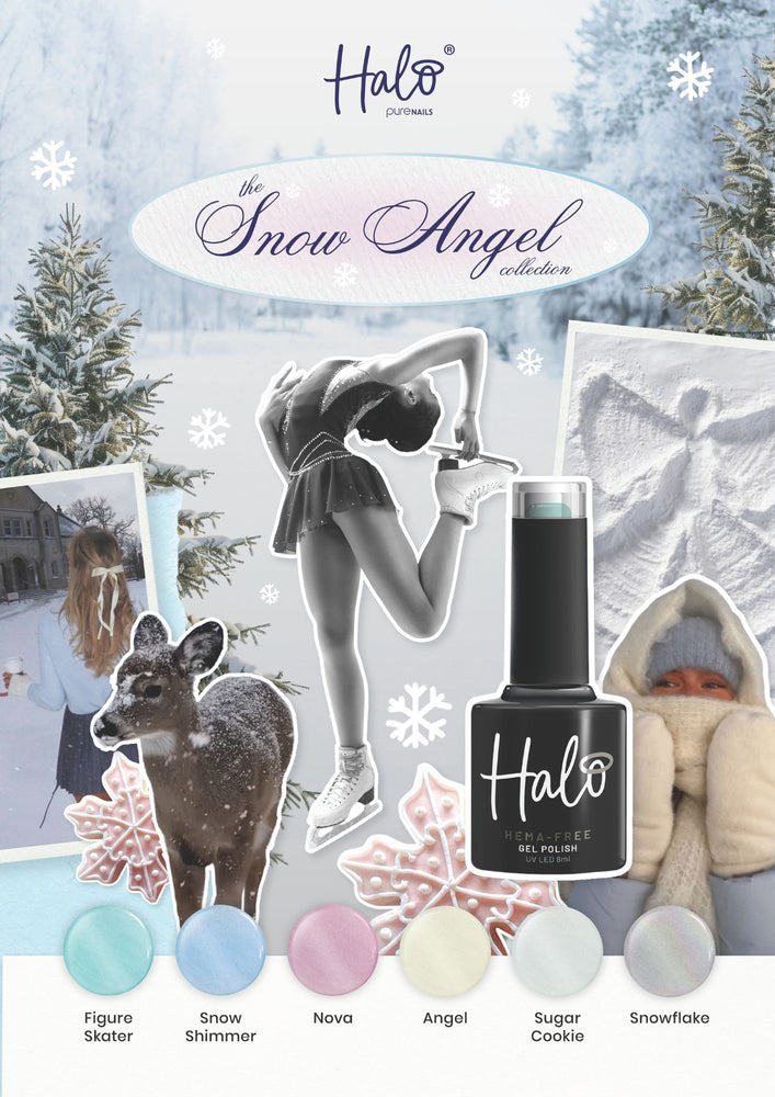 Promotional image for Halo nail polish with a snow angel theme, featuring a bottle of nail polish and winter-themed graphics.