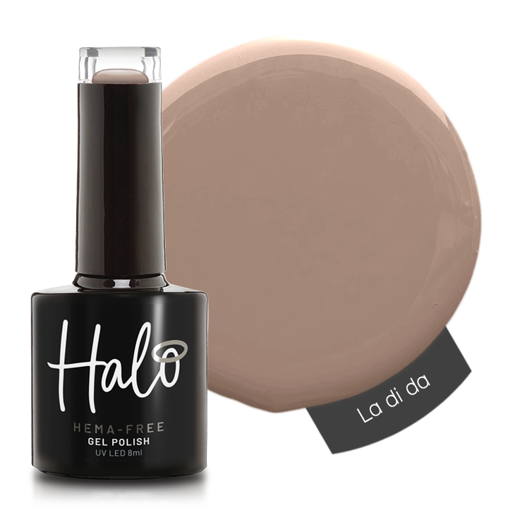 Halo gel polish bottle with a swatch of 'La di da' color on a white background