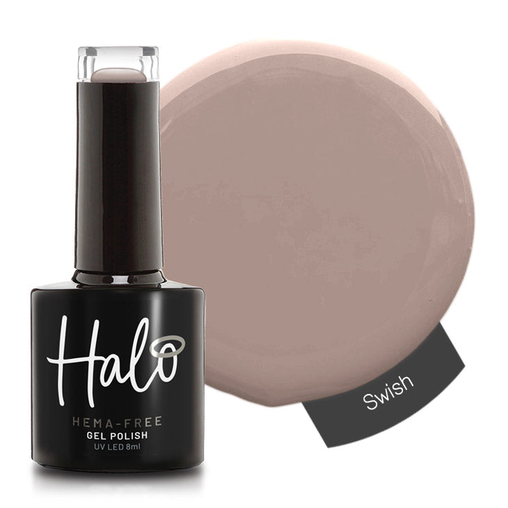 Halo gel polish bottle with swatch on a white background