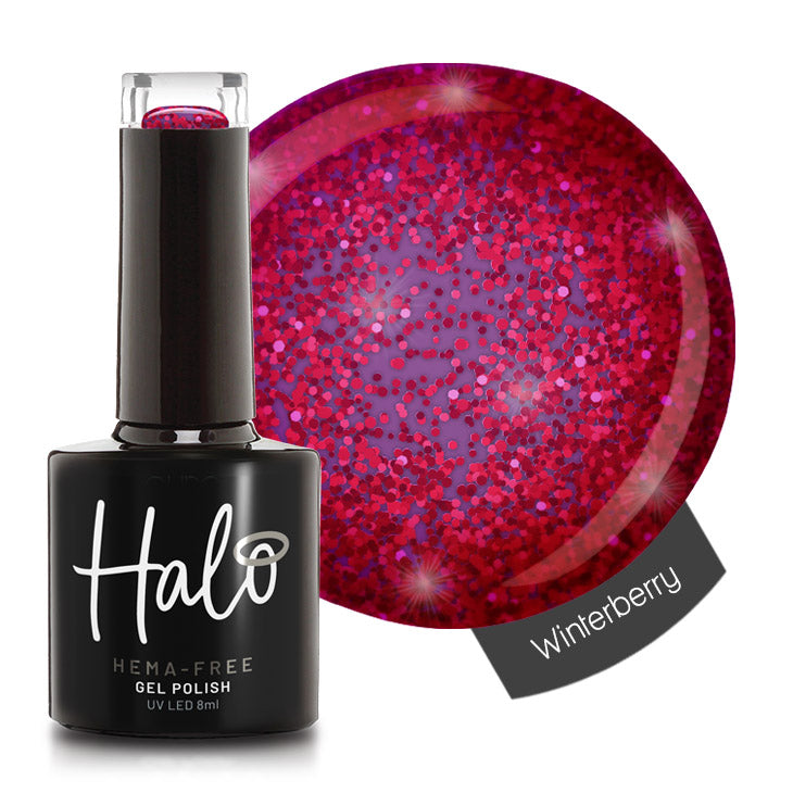 Halo gel polish bottle with a close-up of the 'Winterberry' color on a white background