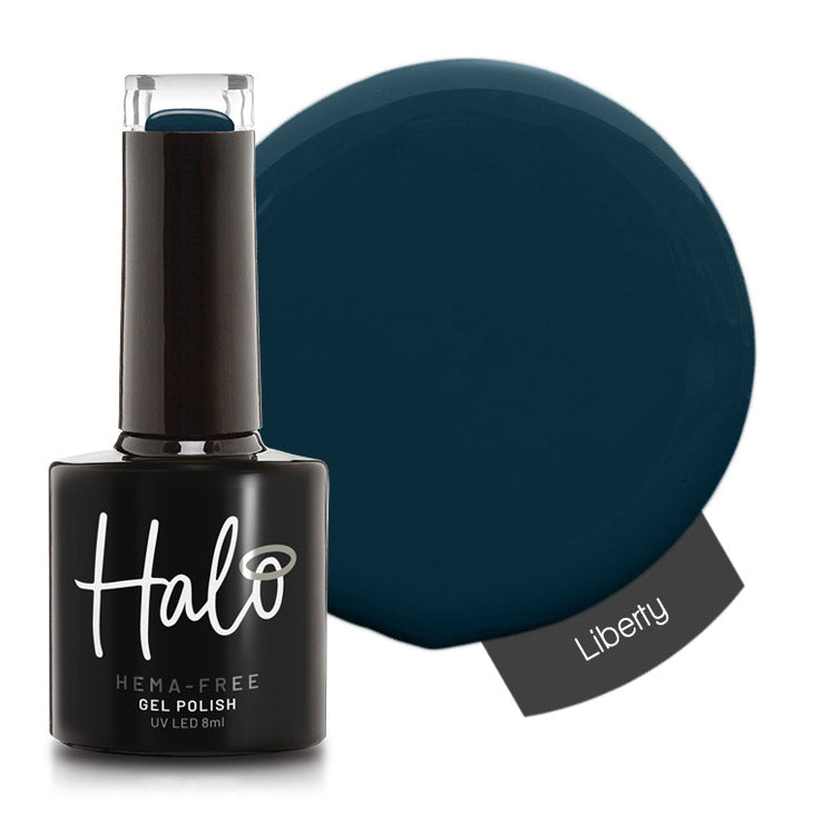 Halo gel polish bottle with Liberty color swatch on a white background