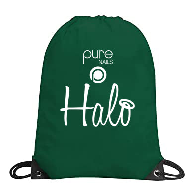 Green drawstring bag with 'pure nails Halo' text on a white background