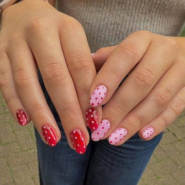 pink and red polkadot nails