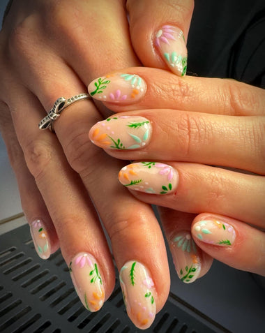Floral nail art using the Halo gel polish in shade 'Mint 