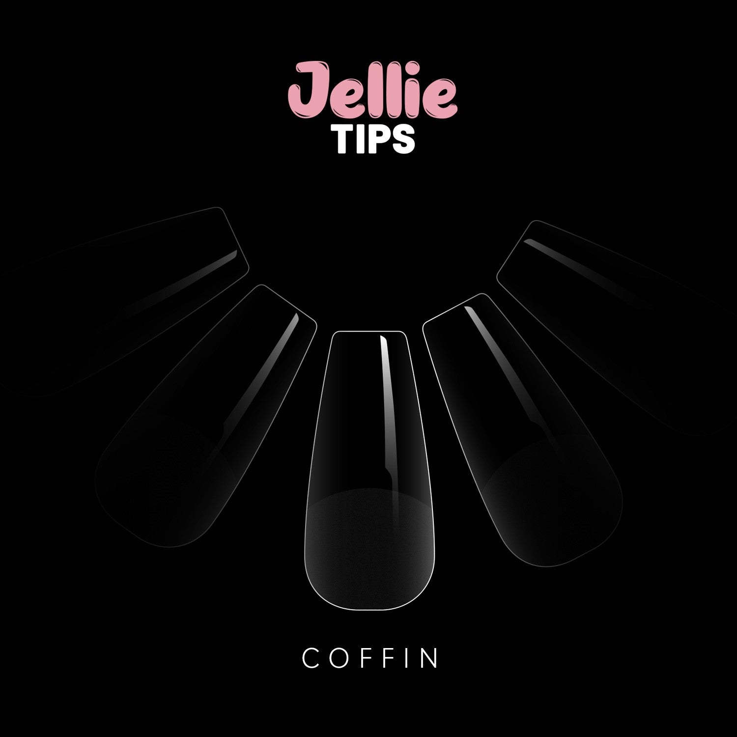 Black coffin-shaped nail tips with 'Jellie Tips' branding on a black background
