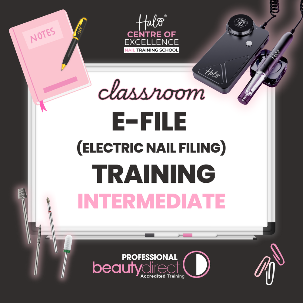 Advertisement for Halo Centre of Excellence training school's electric nail filing training with tools and text on a black background.