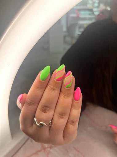Pink and green swirl nail art using the Halo gel polish in shade 'Neon Green'