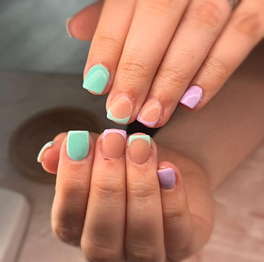 Green and pink french tip nail design using the Halo gel polish in shade 'Mint' 