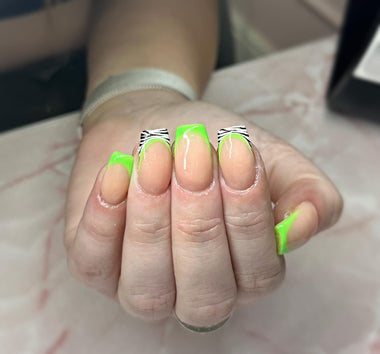 Green Zebra print nail art using the Halo gel polish in shade 'Neon Green'