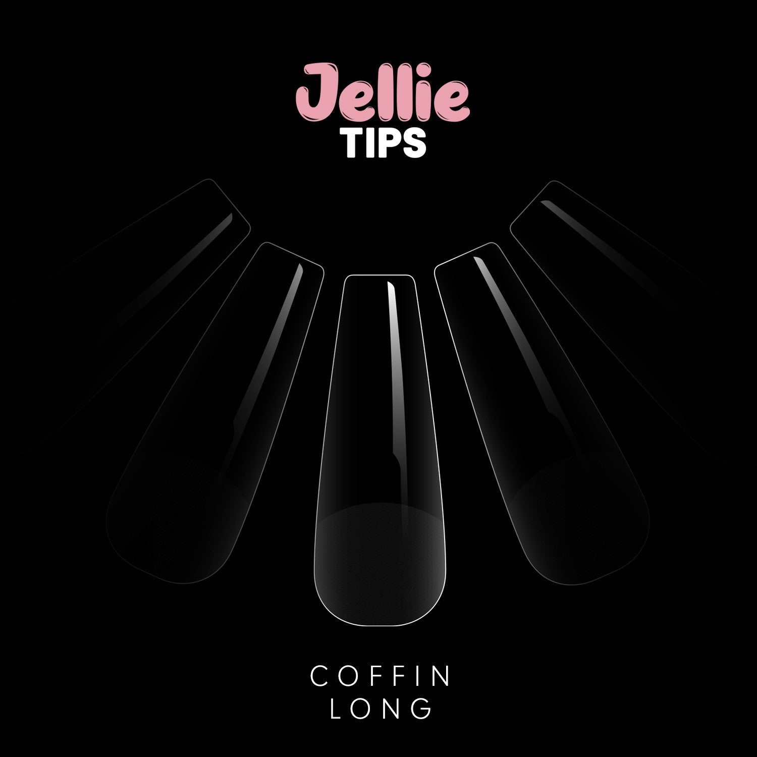 Silhouette of coffin-shaped false nails with 'Jellie Tips' branding on a black background.