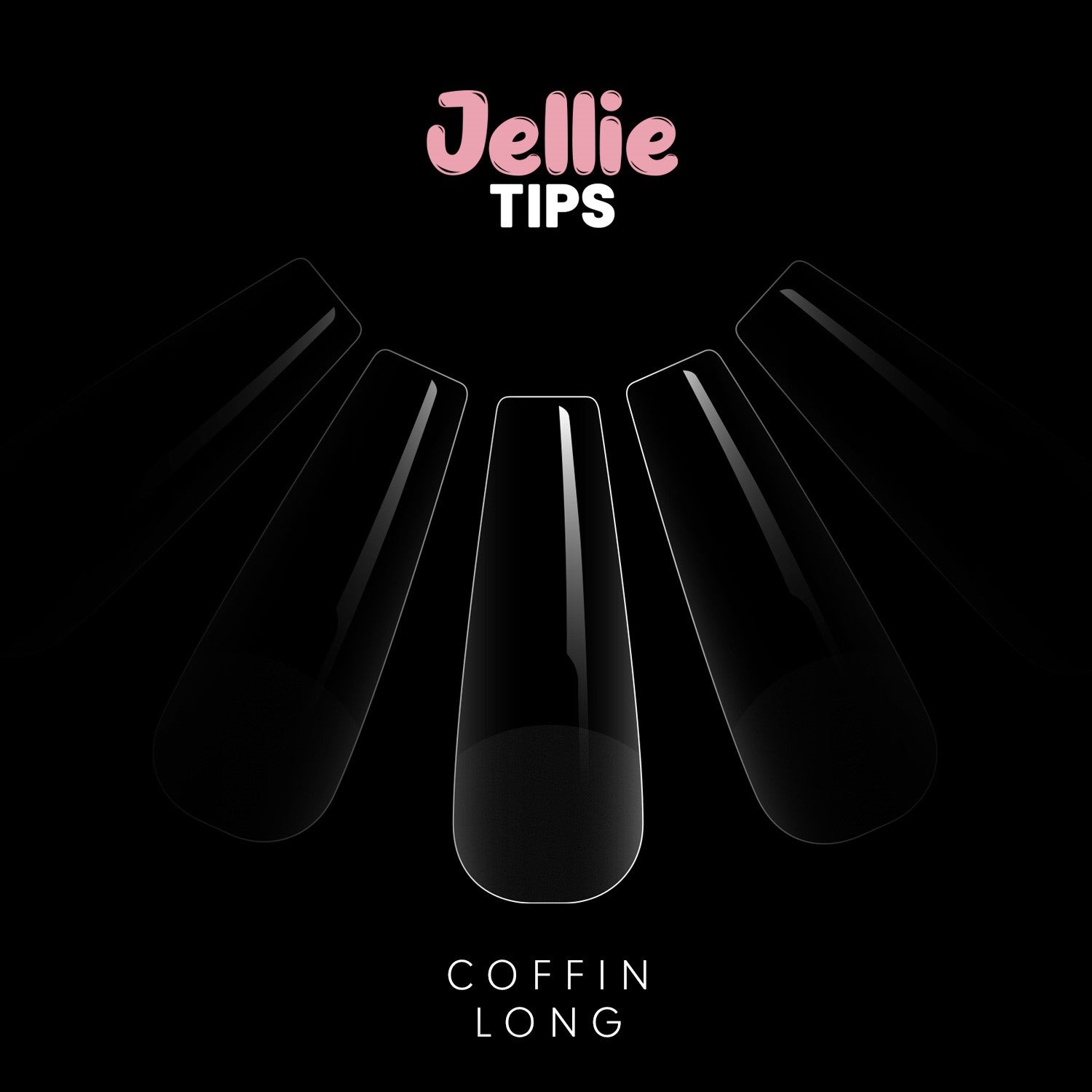 Silhouette of coffin-shaped false nails with 'Jellie Tips' branding on a black background.