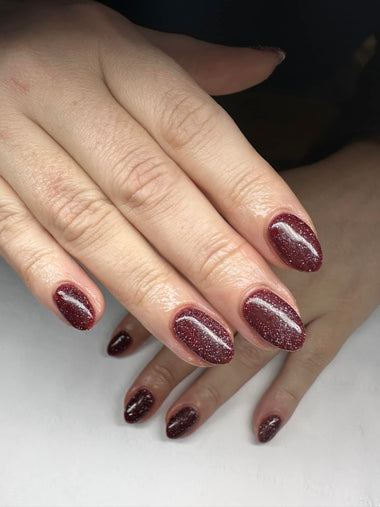 Brown glitter nail design using the Halo Builder Gel polish in shade 'Fondant' 