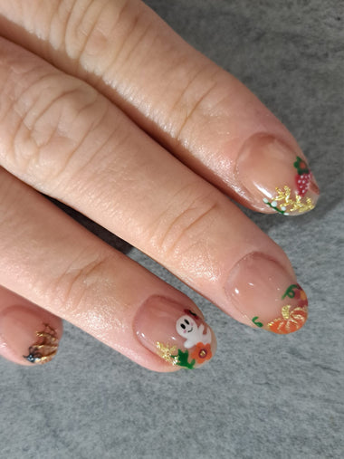 User Generated content of Autumnal ghost and pumpkin nail design using Pure Nails' Halo Builder Gel in shade 'Frangipane' 