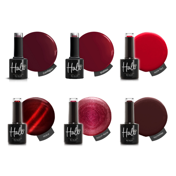 Set of Halo nail polish bottles with red and burgundy swatches on a white background