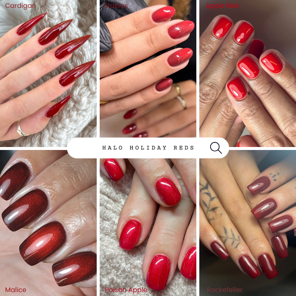 Collage of hands with red nail polish in various shades, labeled 'Halo Holiday Reds'.